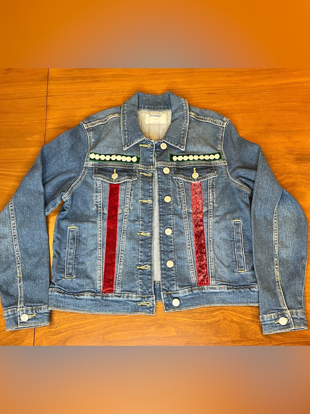 Custom Denim Jacket with Embroidered Daisies & Beaded Strawberries Old Navy